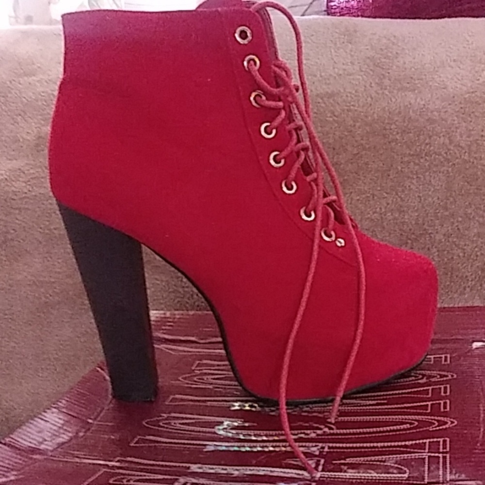 Red bootie heels with lace